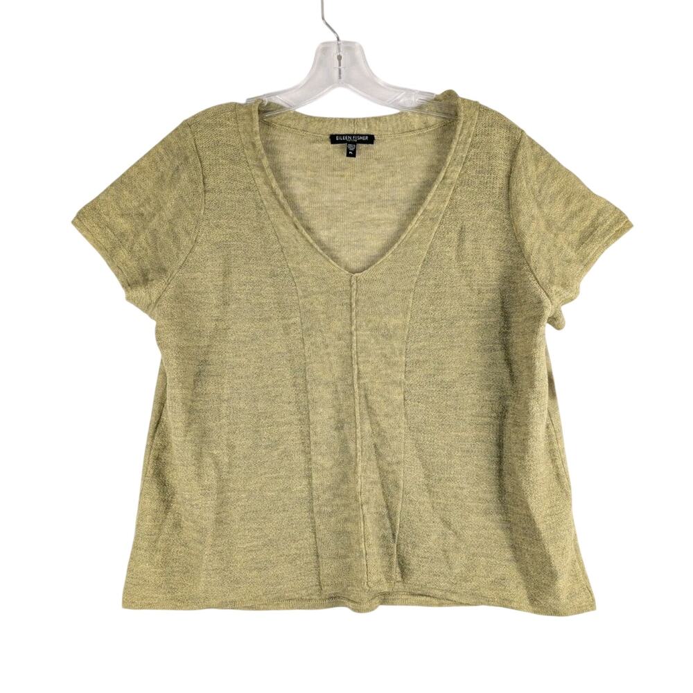 Eileen Fisher Short Sleeve V-Neck Top in Olive Green